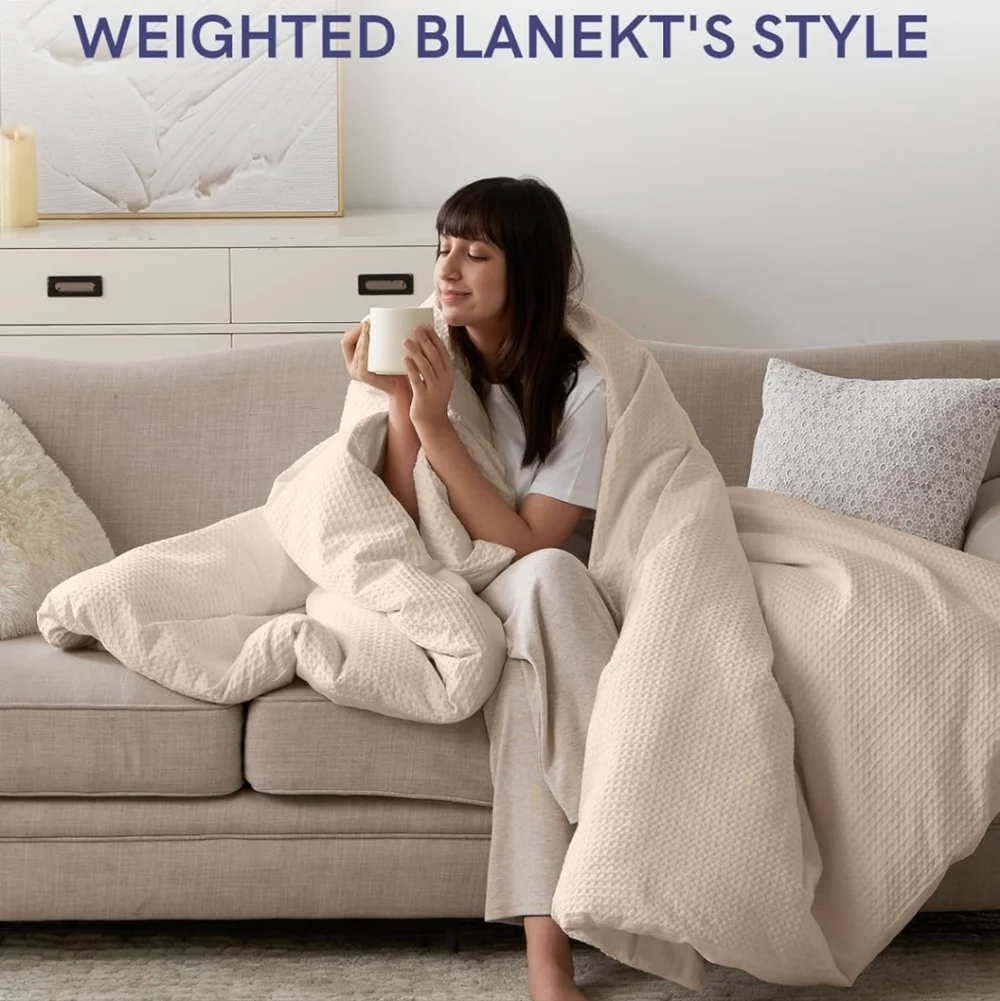 YnM Cotton Waffle Weave Duvet Cover for Weighted Blankets with 16 String Oatmeal